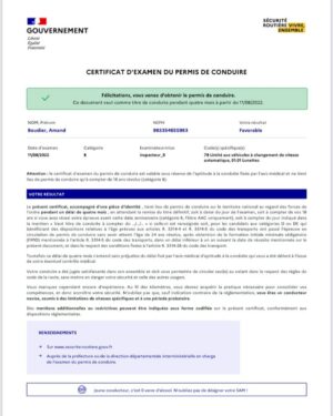 Résultat permis de conduire - CEPC - spécimen